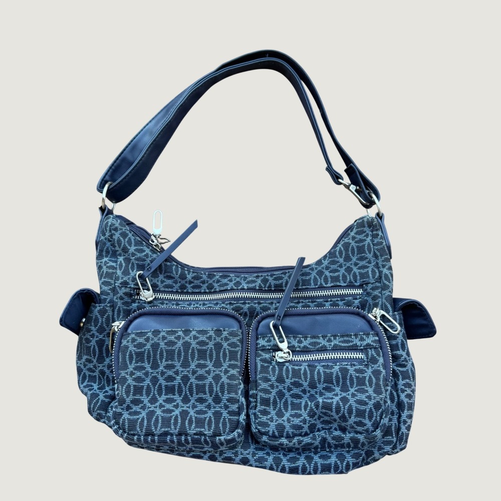 Y2K Vintage Shoulder Bag Blue Jacquard Geometric Multi-Pocket Travel Grannycore